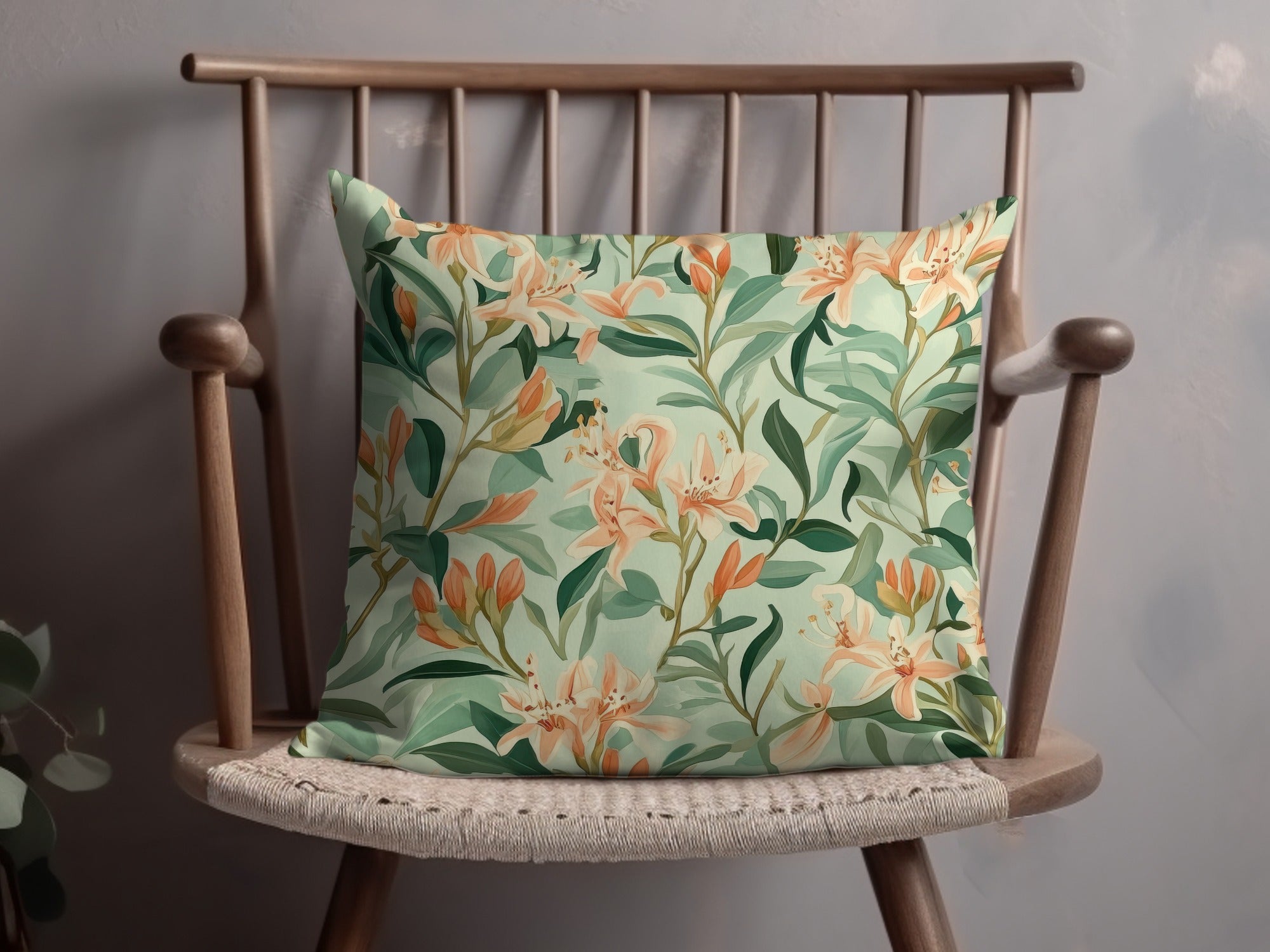 Floral Decorative Pillow Cover, Spring Decor Green and Orange Lily Flower Patterns, Home Living Room Gift Ideas, Unique Couch Accent