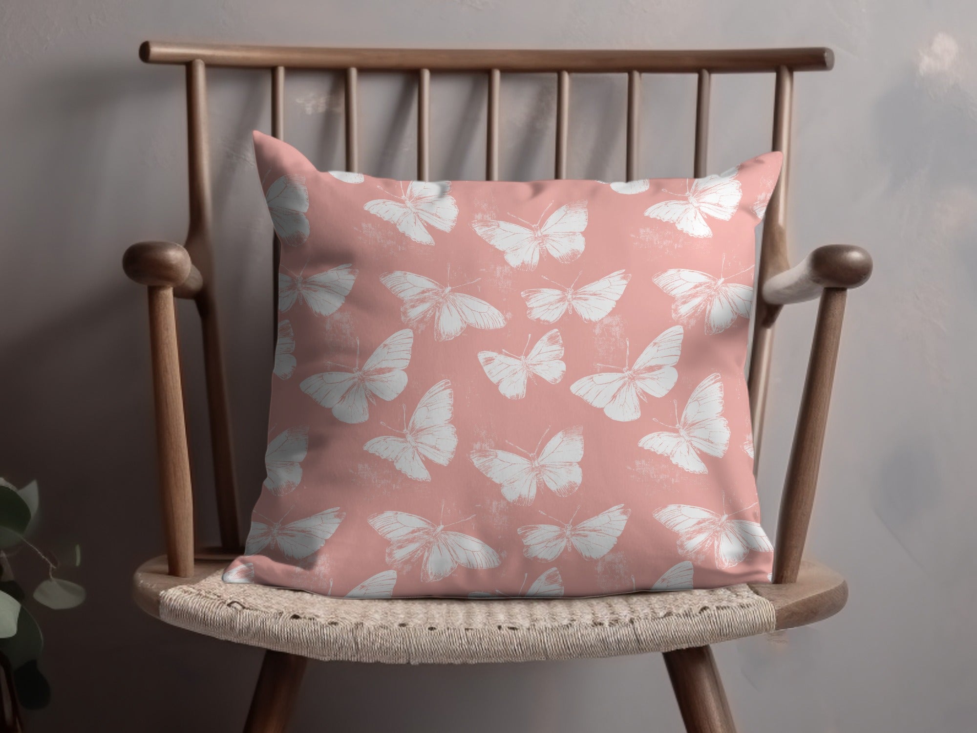 Butterfly Pillow Cover, Pink Decorative Throw Pillow, White Butterflies Pattern, Cotton Linen Blend, 18x18 Cushion, Home Decor, Sofa