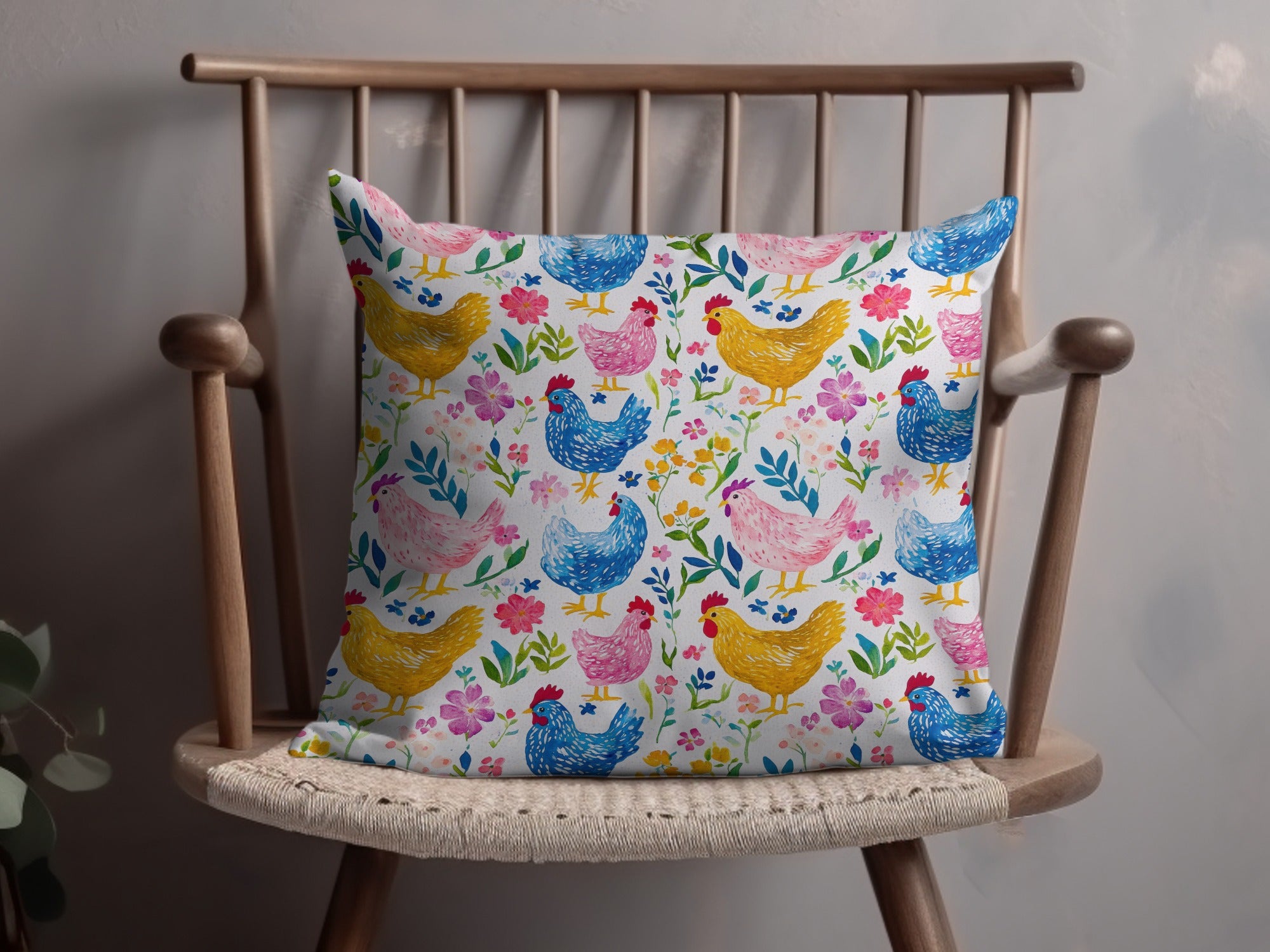 Colorful Chicken Floral Throw Pillow, Farmhouse Decorative Cushion, Country Cottage Style, Bright Accent Sofa Pillow, Bird Theme Home Decor