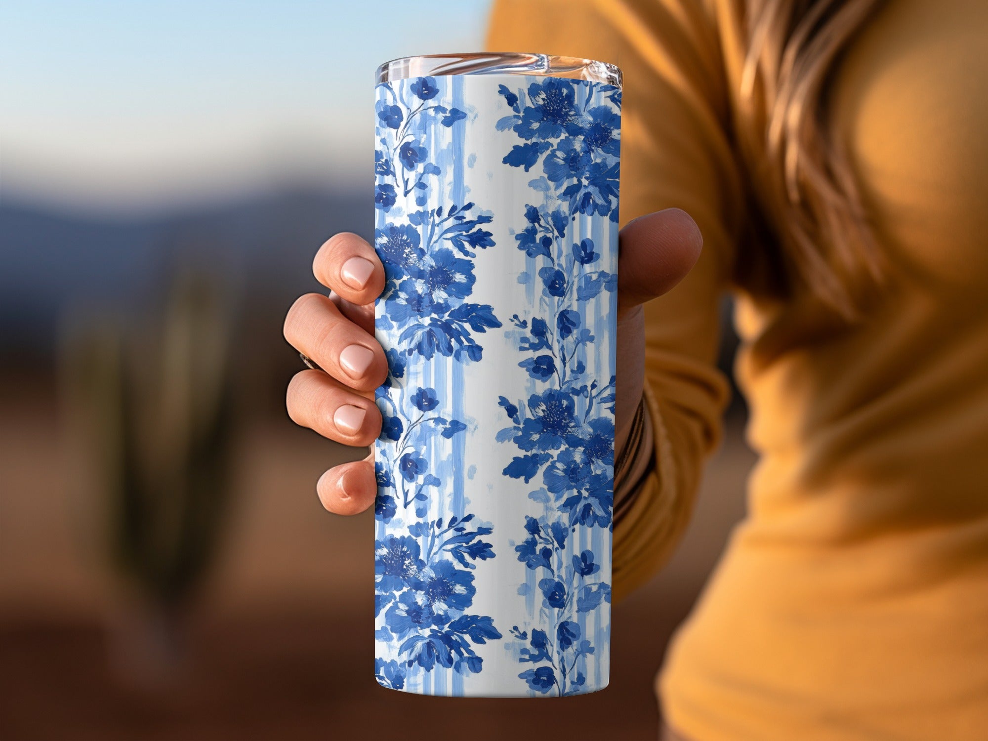 Blue Floral Tumbler, Elegant Travel Mug, Insulated Coffee Cup, Bridesmaid Gift Idea, Unique Birthday Present, Hot and Cold Beverages, 20oz