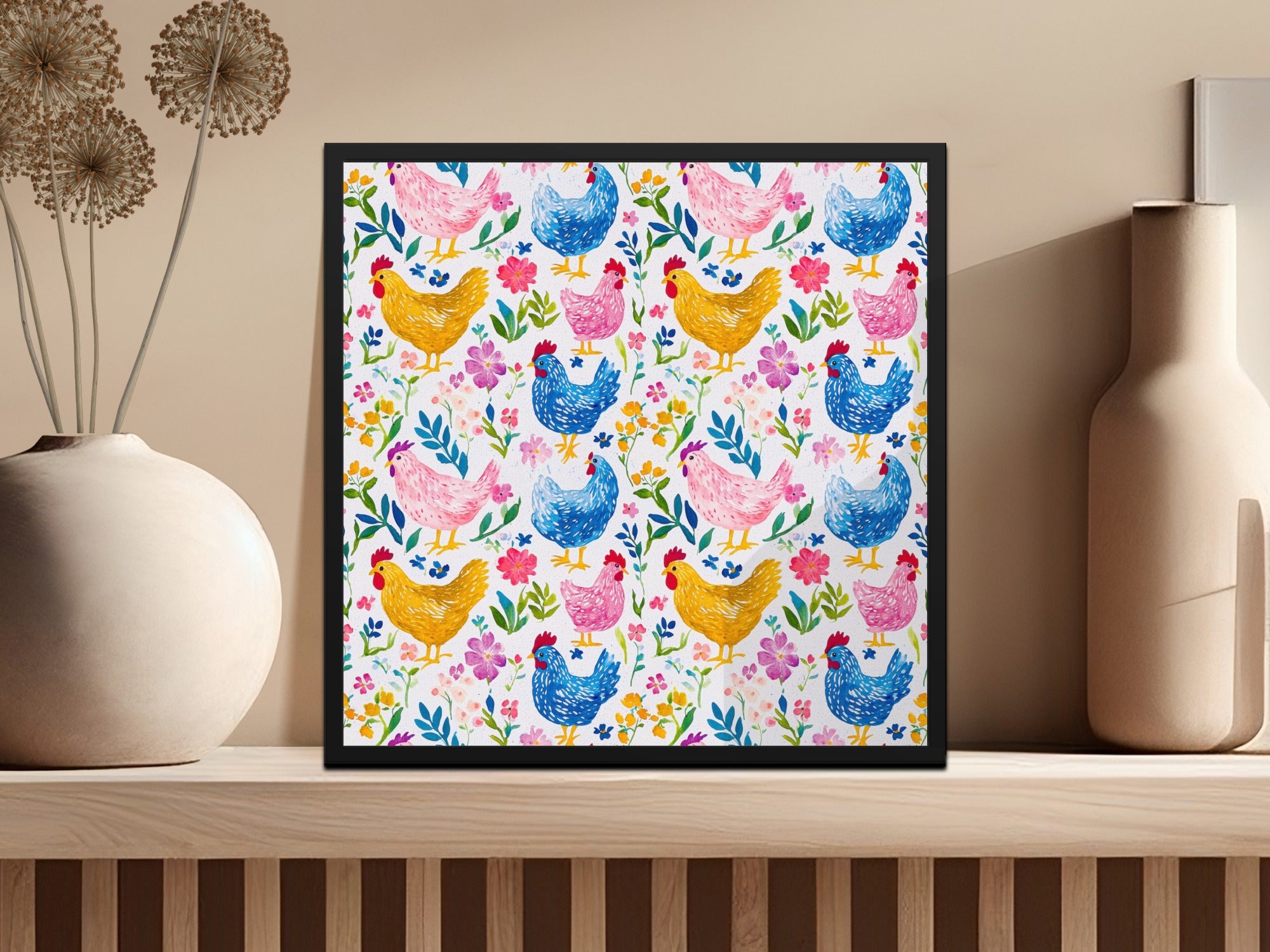 Colorful Chicken and Floral Art Print, Farmhouse Decor, Whimsical Kitchen Wall Art, Cute Bird Illustrations, Spring Home Decoration