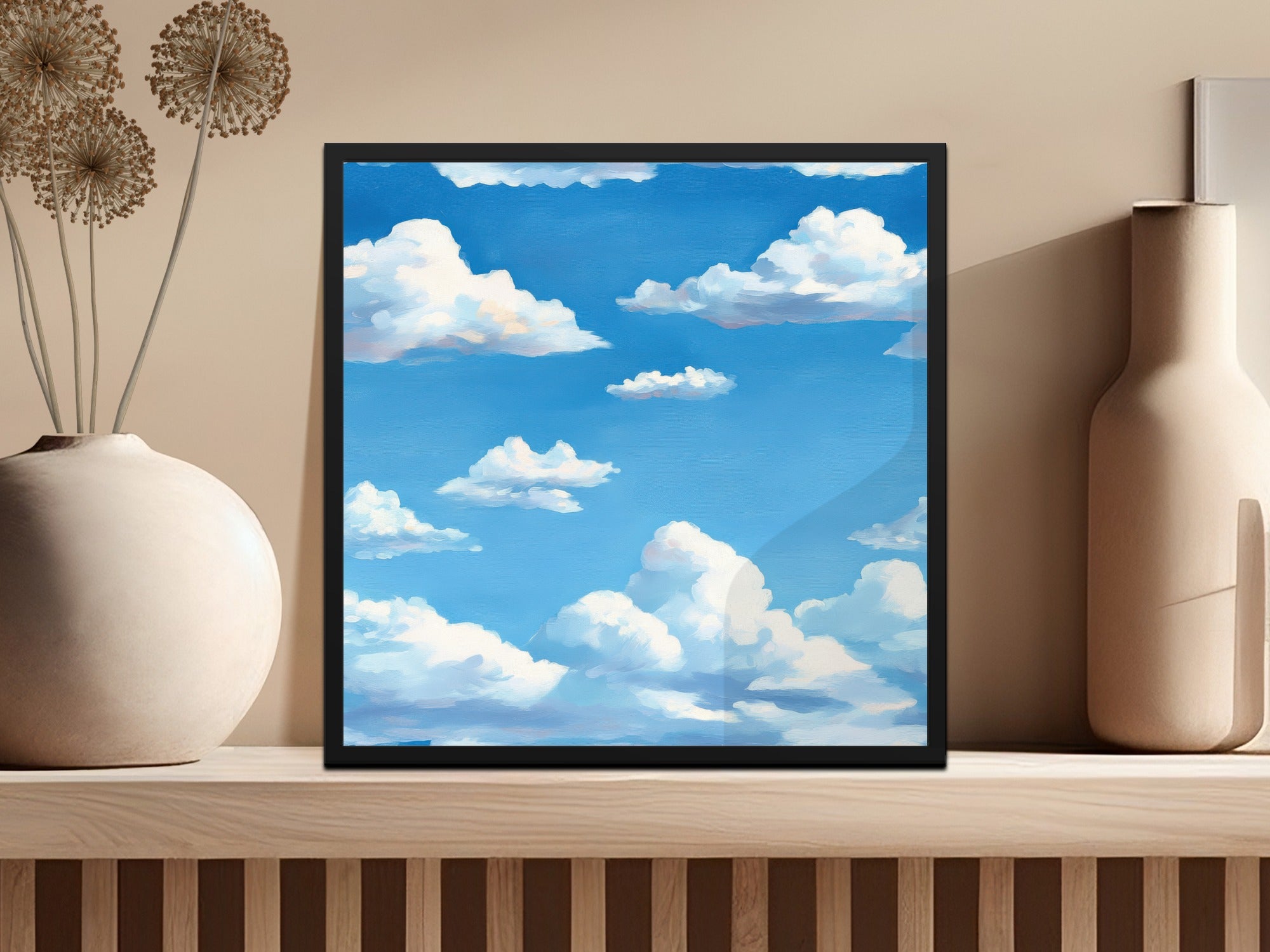 Blue Sky and Fluffy Clouds Art Print, Serene Sky Wall Art, Peaceful Home Decor, Nature Inspired Living Room Decoration, Calming Office