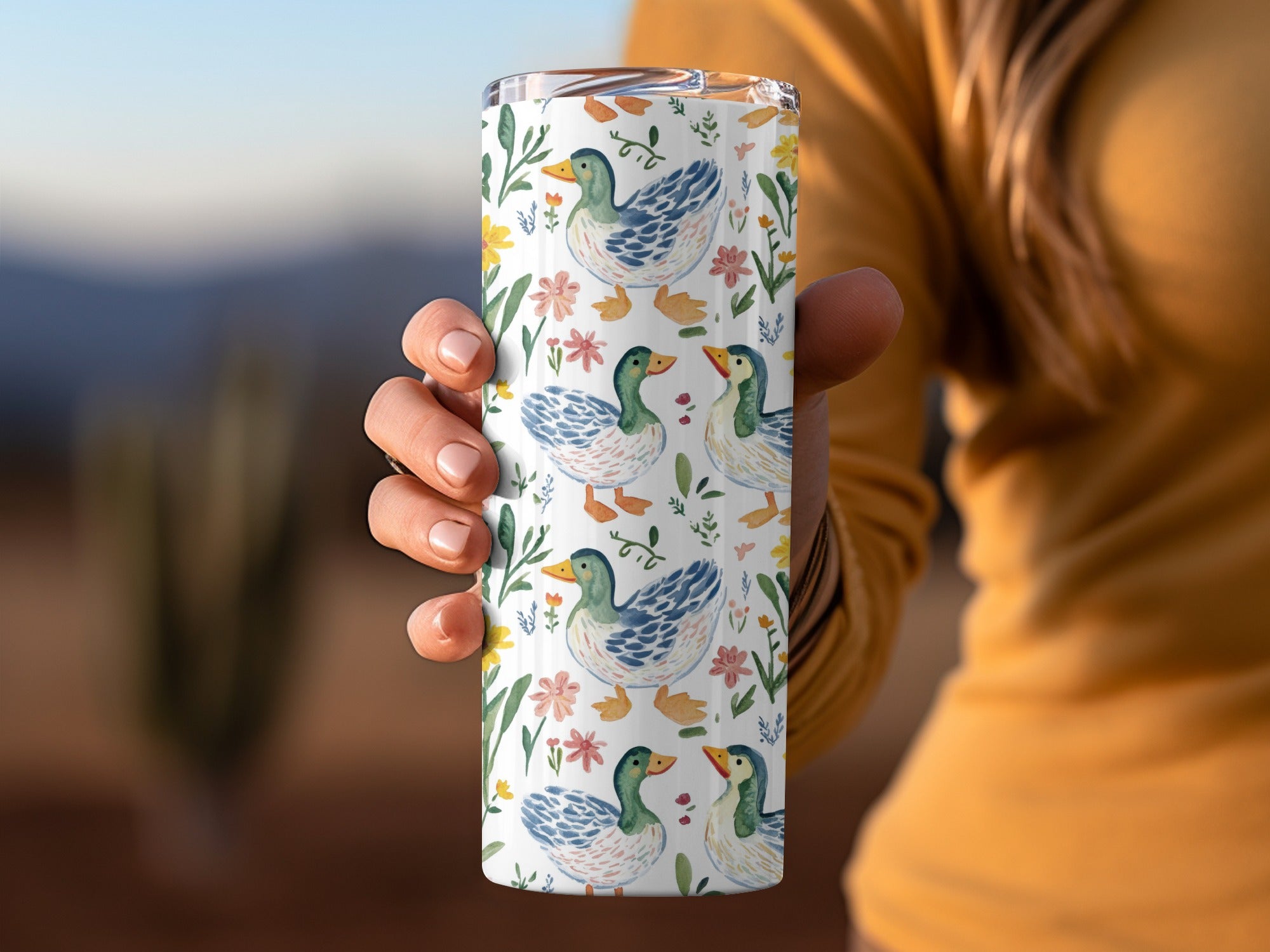 Duck and Floral Pattern Tumbler, Insulated Travel Mug, Spring Water Bottle, Cute Bird Lover Gift, Unique Drinkware, Eco-Friendly