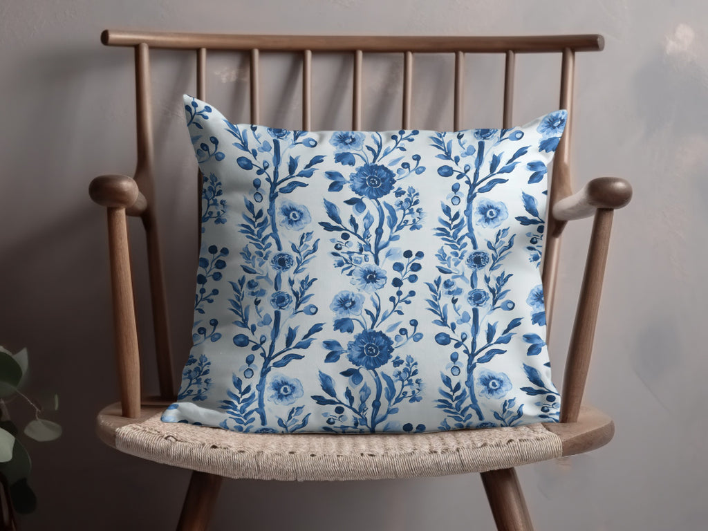 Floral Blue Throw Pillow Cover, Vintage Botanical Print, Decorative Cushion for Sofa or Bedroom, Farmhouse Style, Hygge Home Decor