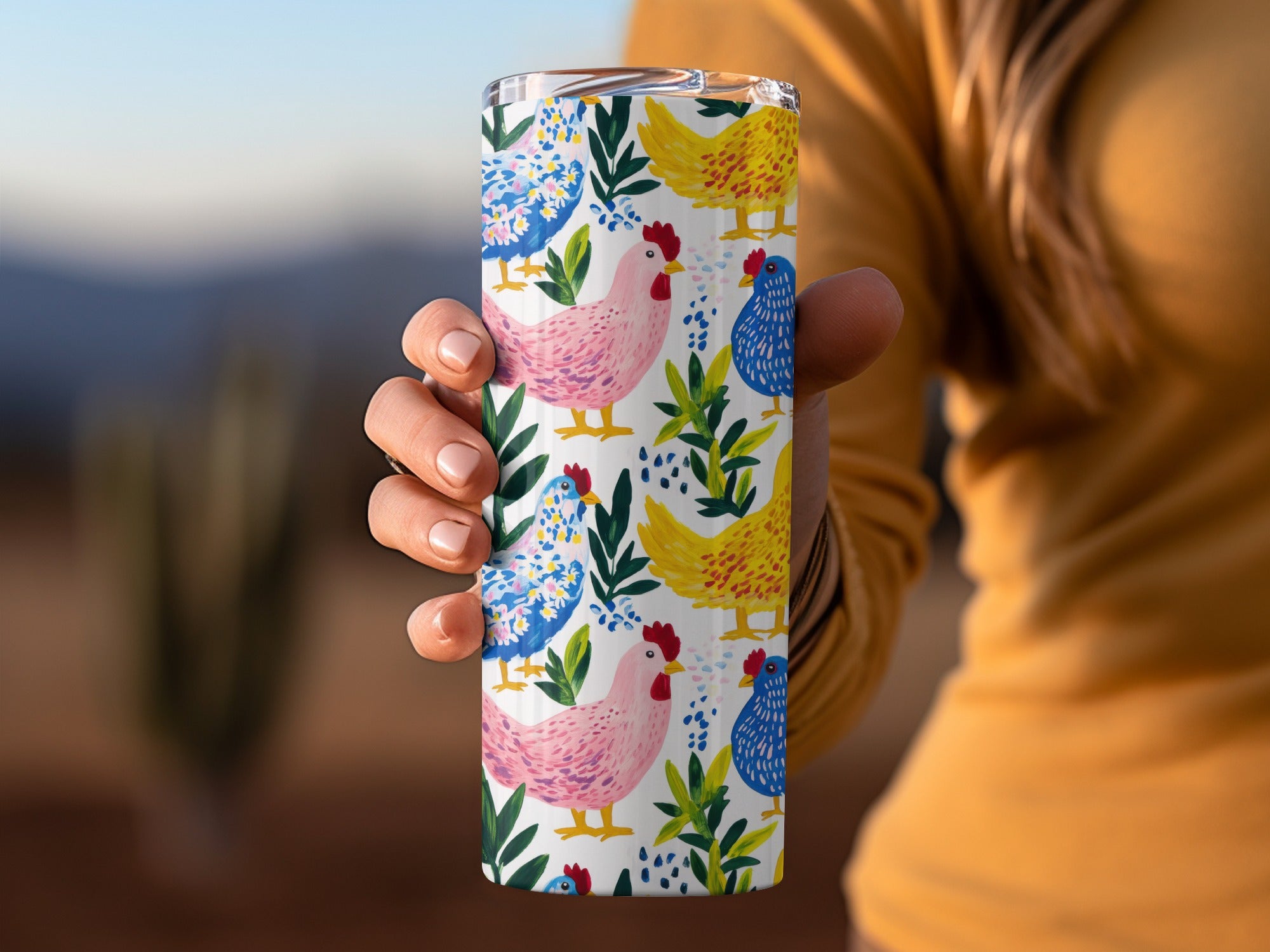 Colorful Chicken and Floral Pattern Travel Tumbler, Farmhouse Style Insulated Cup, Gift for Chicken Lovers