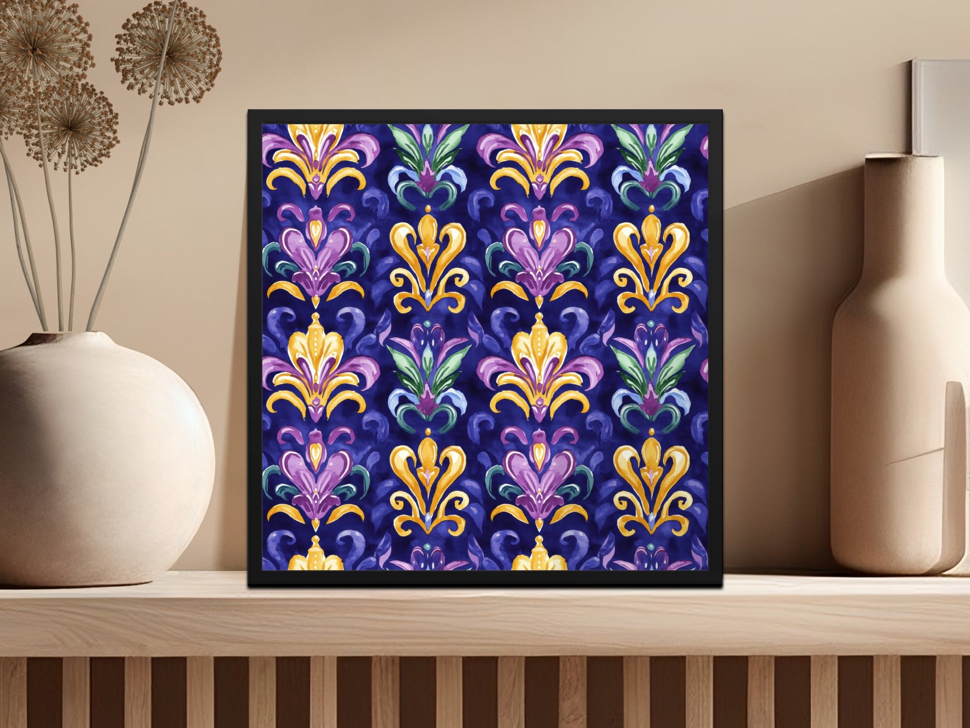 Luxurious Floral Wall Art, Baroque Style Print, Vibrant Home Decor, Elegant Purple and Gold Poster, Living Room Artwork, Unique Gift Idea