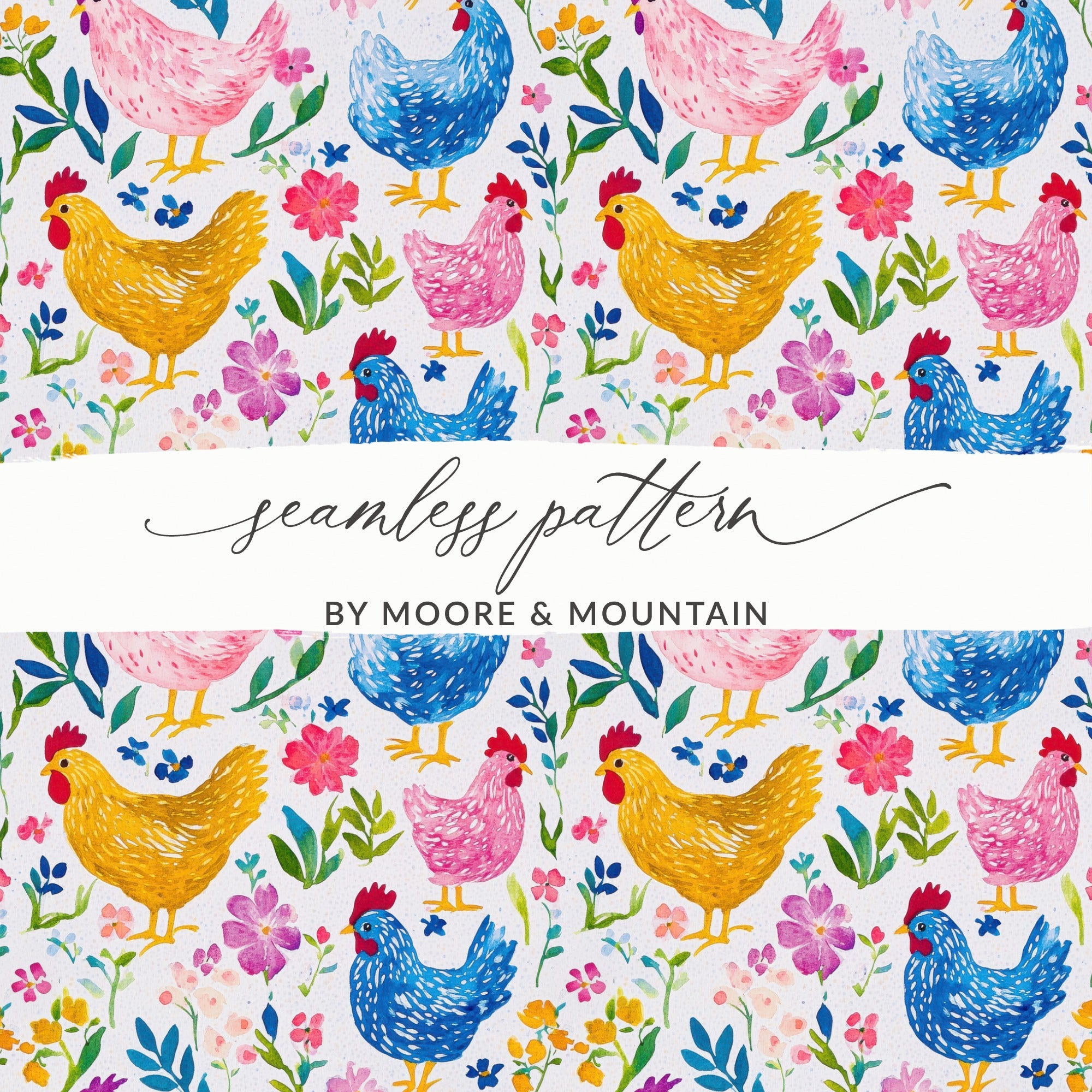 Colorful Chicken and Floral Seamless Pattern, Watercolor Farmhouse Style, Spring Decor, Craft Supplies, Digital Download Wallpaper, Fabric