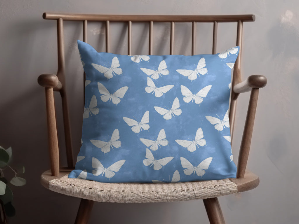 Blue Butterfly Throw Pillow, Decorative Home Accent, Vintage Style Cushion, Living Room Decor, Nature Inspired Soft Furnishing