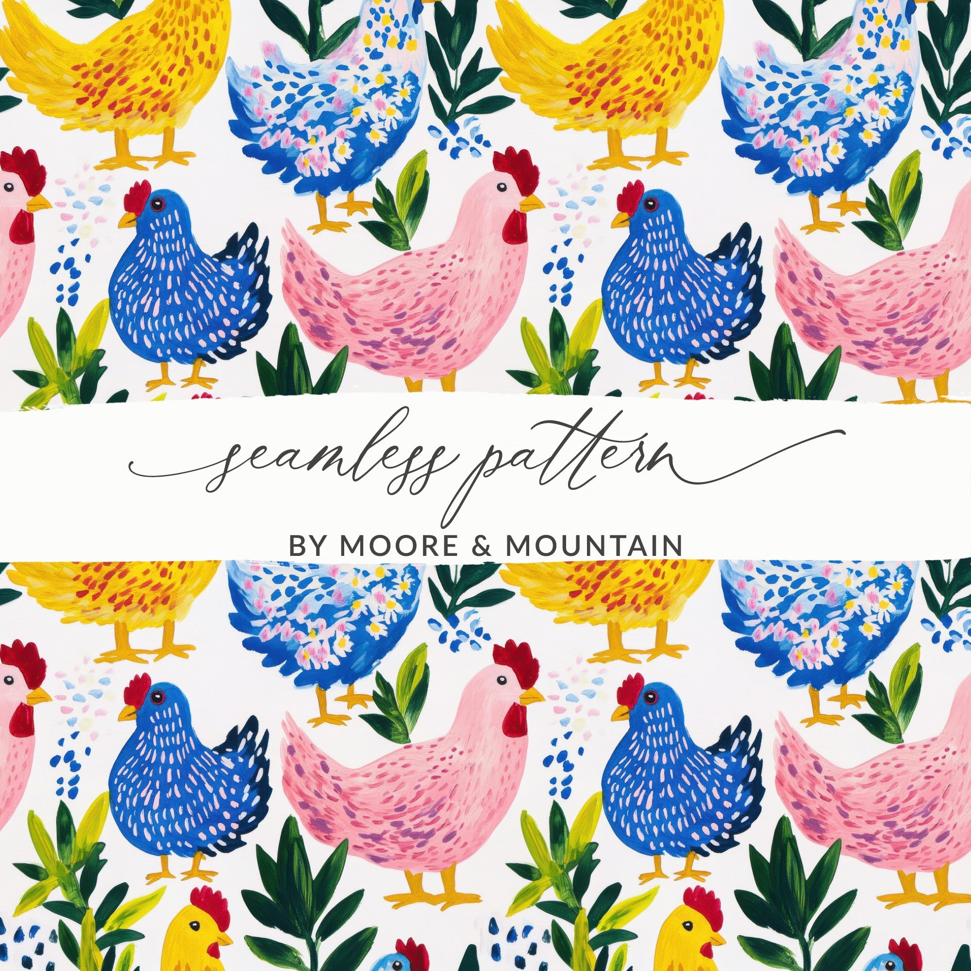 Colorful Chicken and Floral Watercolor Seamless Pattern, Farmhouse Style Kitchen Wallpaper, Decorative Spring Textile Design, Unique Fabric