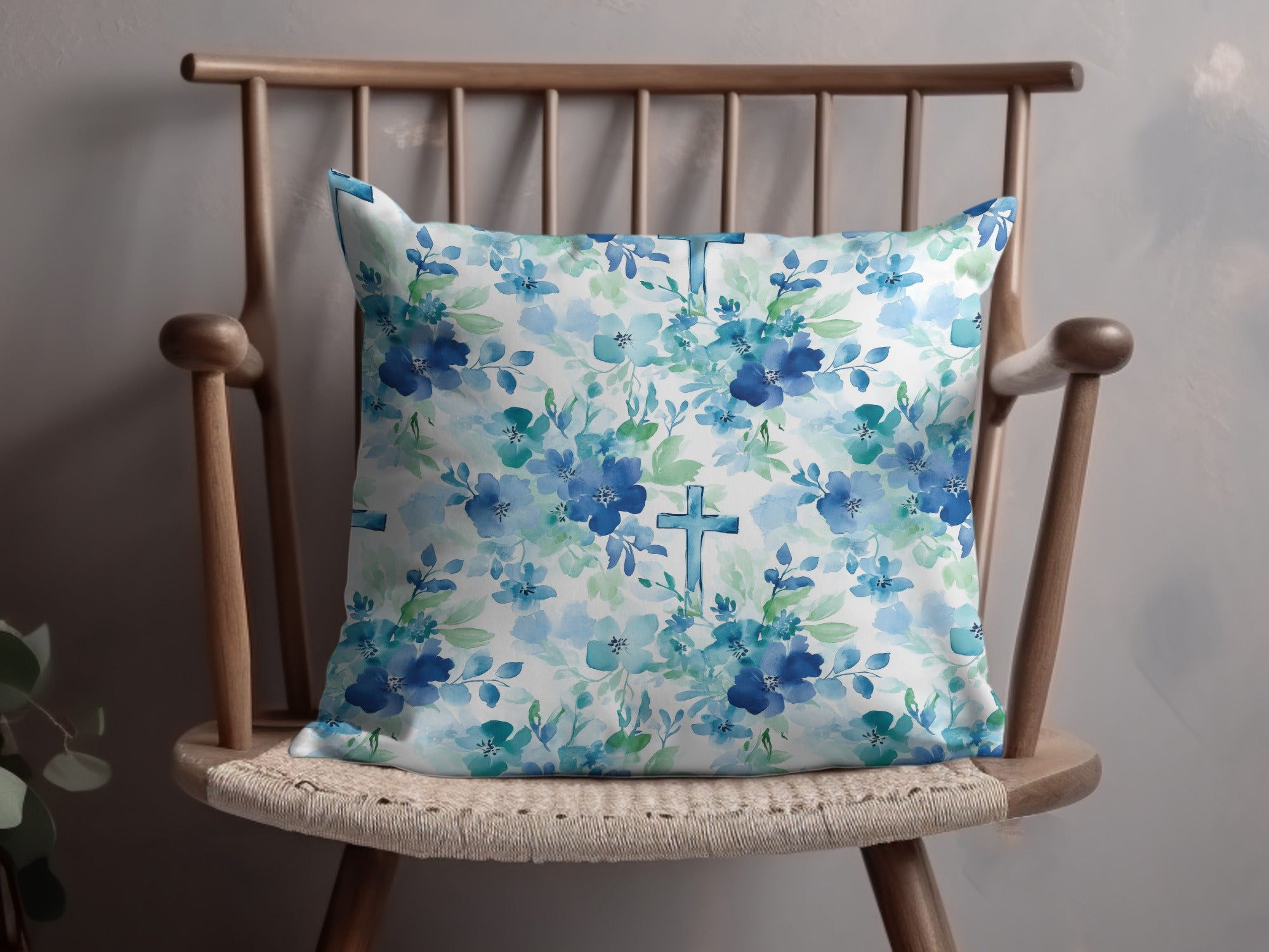 Floral Christian Cross Throw Pillow, Blue Watercolor Flowers, Decorative Cushion for Home and Church Decor