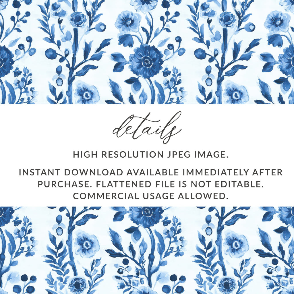 Blue Floral Digital Paper, High Resolution JPEG, Instant Download, Commercial Use, Watercolor Flowers Background, Craft Supplies