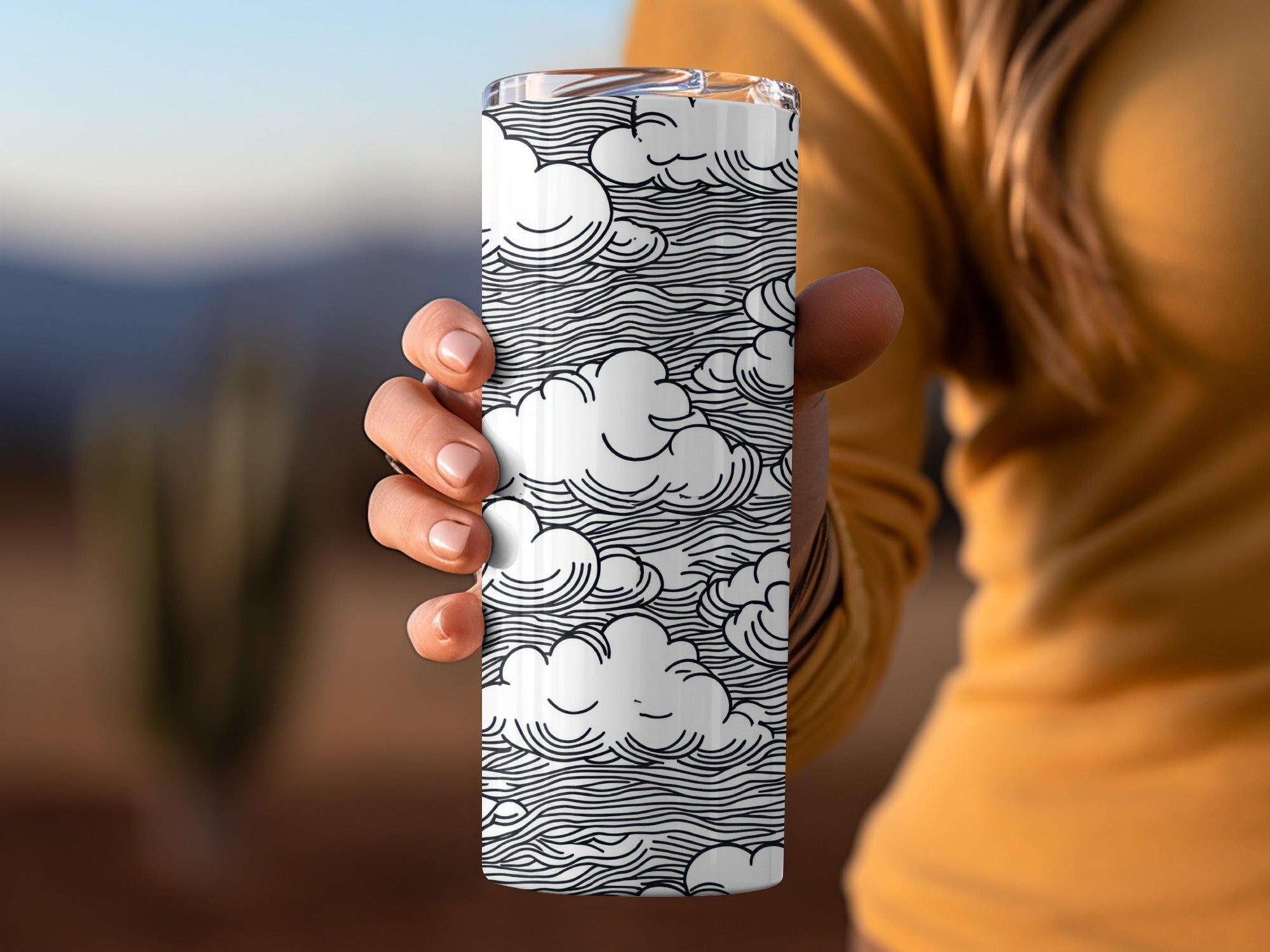 Abstract Cloud Pattern Tumbler, Black and White Travel Mug, 20 oz Insulated Stainless Steel, Coffee Cup, Unique Gift Idea