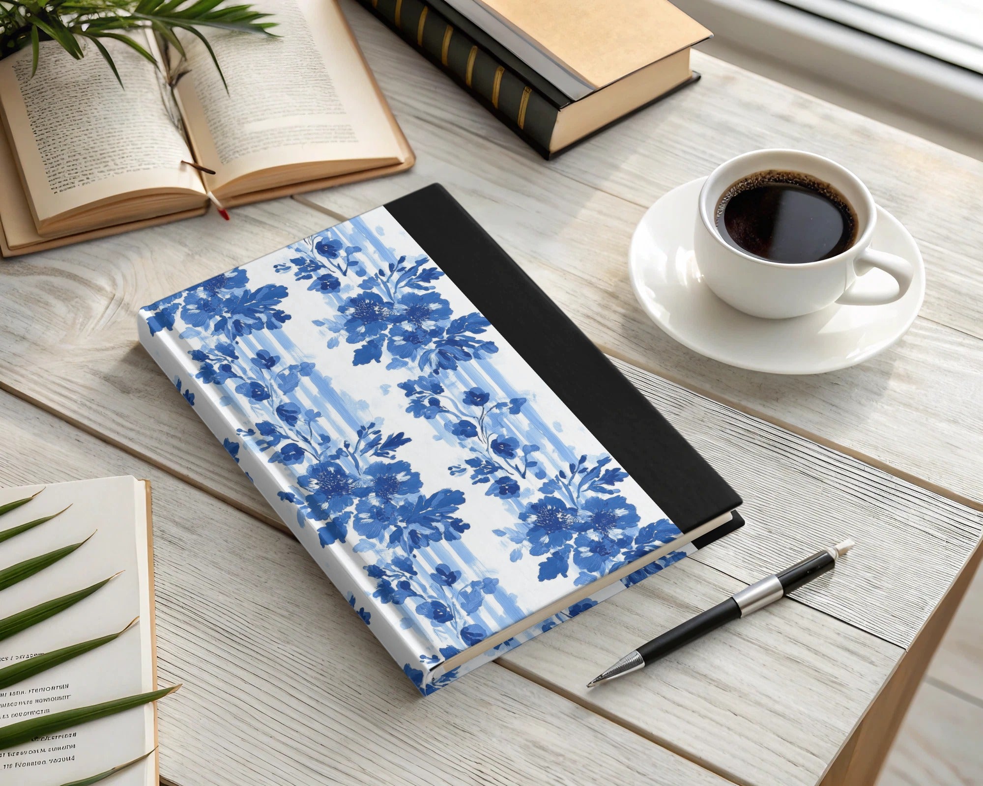 Blue Floral Notebook, Elegant Hardcover Journal, Botanical Sketchbook, Gift for Writers, College Ruled, Unique Stationery, Office Supplies