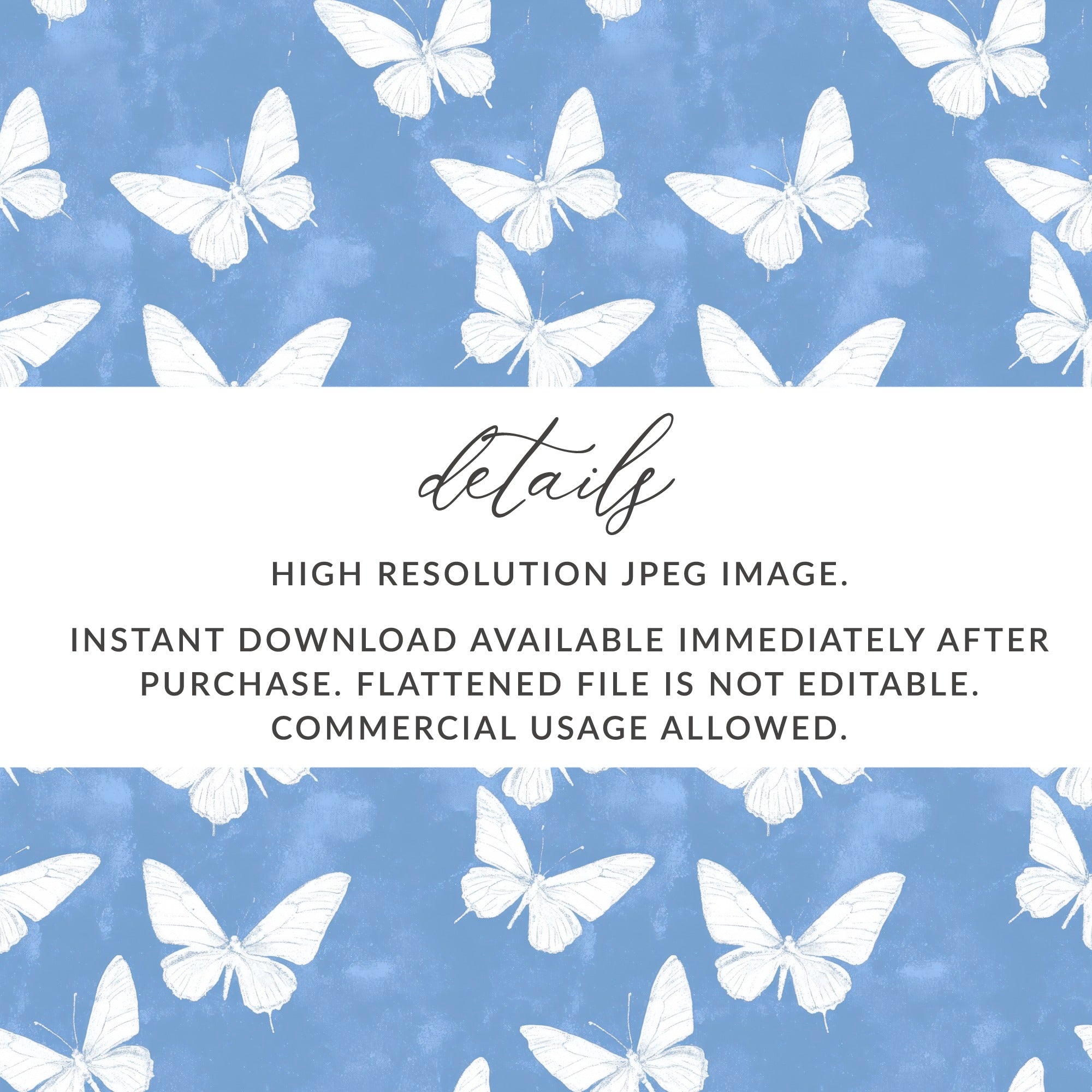 White Butterfly Digital Paper, High Resolution JPEG, Instant Download, Commercial Use, Blue Background, Non-Editable, Downloadable Artwork