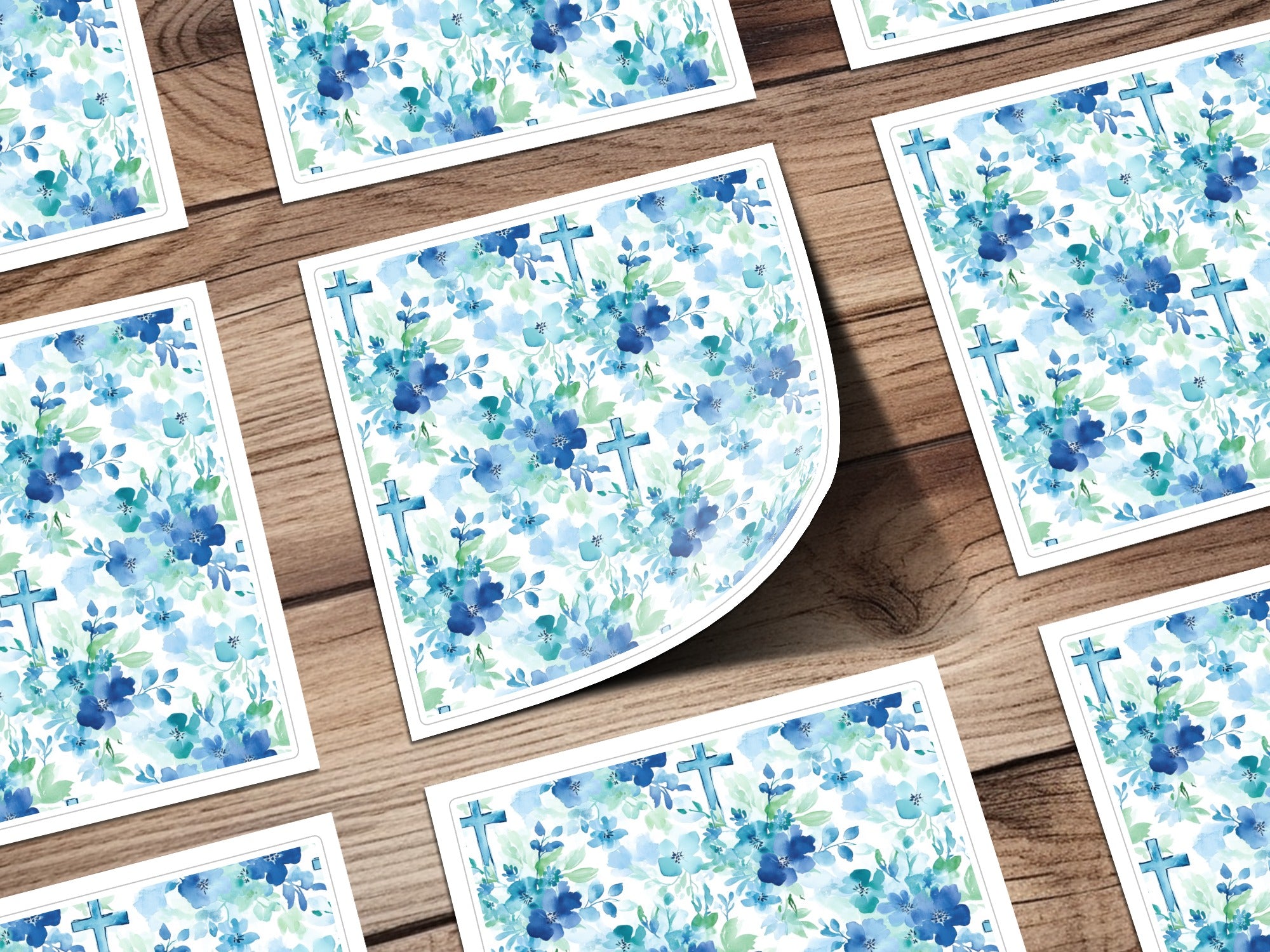 Blue Floral Christian Cross Art Print, Watercolor Flower Wall Decor, Religious Home Decoration, Baptism Gift Idea, Spiritual Artwork