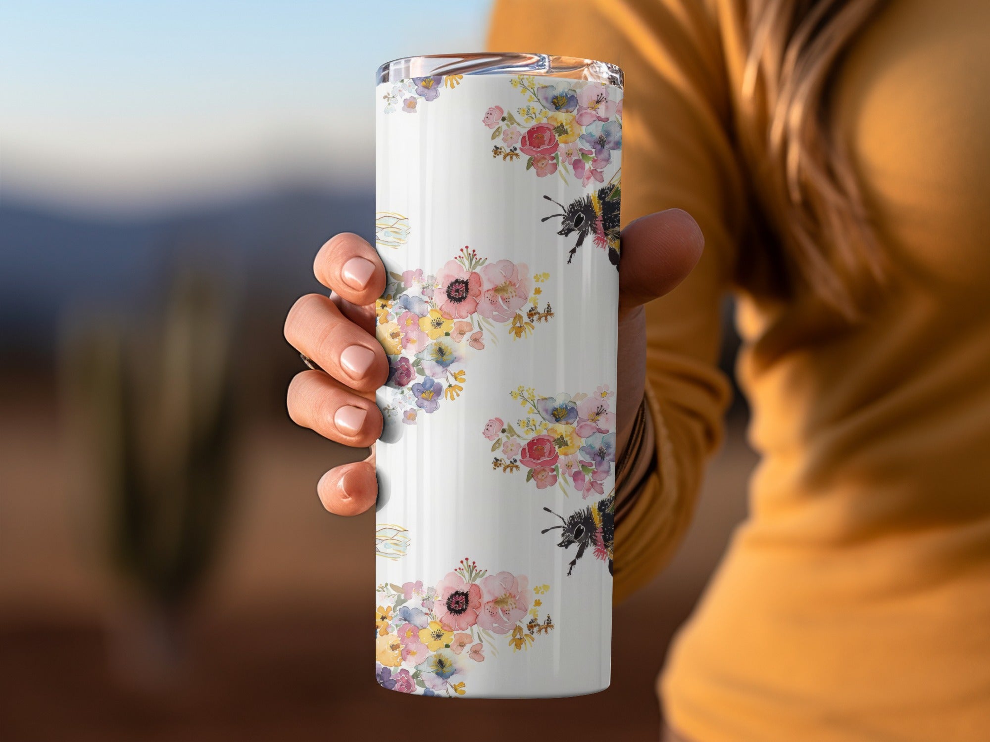 Floral Tumbler with Bees Design, Insulated Coffee Mug, Spring Flowers, Gift for Nature Lovers, Stainless Steel Drinkware, Unique Outdoor