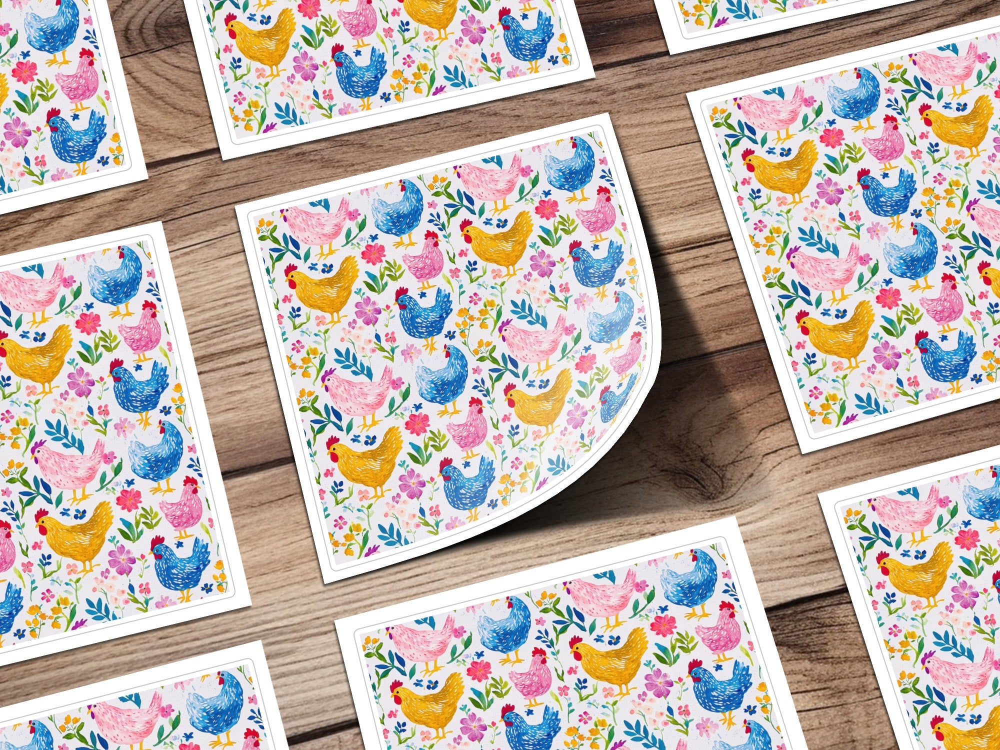 Whimsical Chicken and Floral Pattern Placemats, Colorful Farmhouse Kitchen Decor, Set of 4 Durable Washable Table Mats