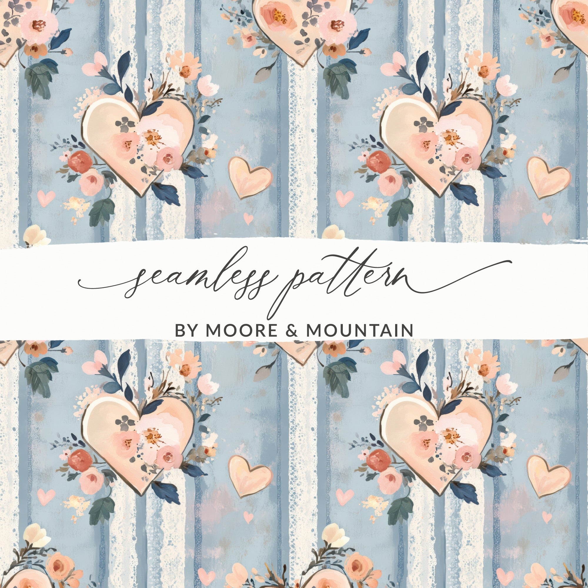Floral Heart Seamless Pattern Fabric, Vintage Inspired Blue Striped Background, Romantic Peach Blossom Textile Design, Shabby Chic Home