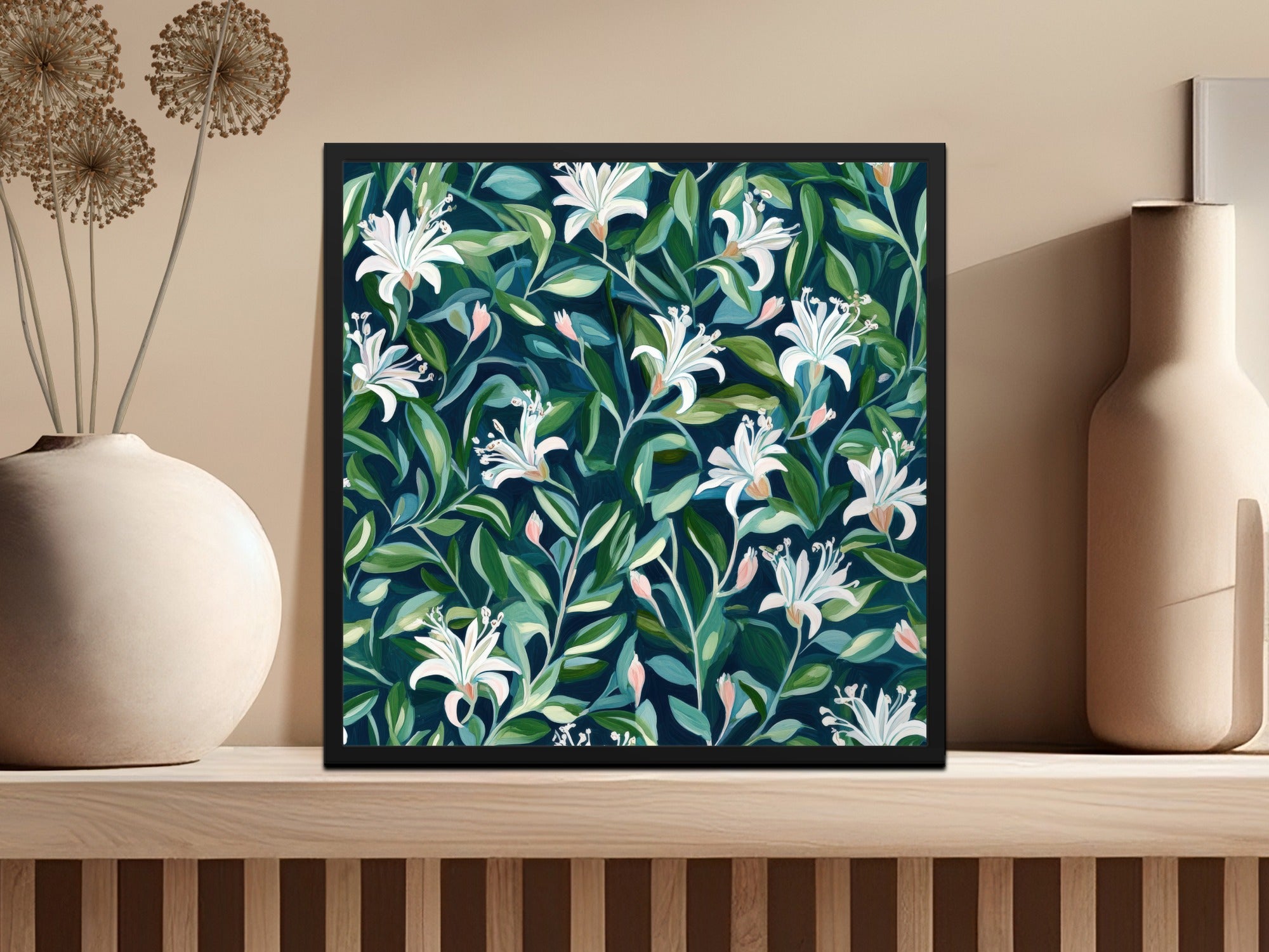 Floral Art Print, Botanical Wall Decor, Lilies and Leaves, Modern Green and White Home Decoration, Nature Inspired Living Room Artwork