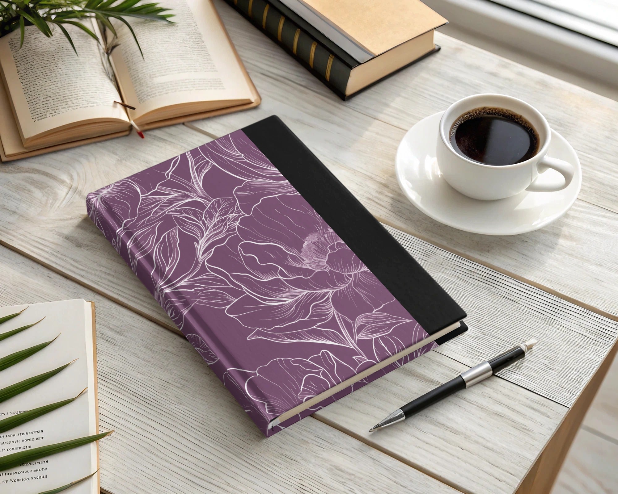 Purple Floral Journal Notebook, Elegant Lined Notebook with White Flower Design, Softcover Lay Flat Journal, Gift for Writers