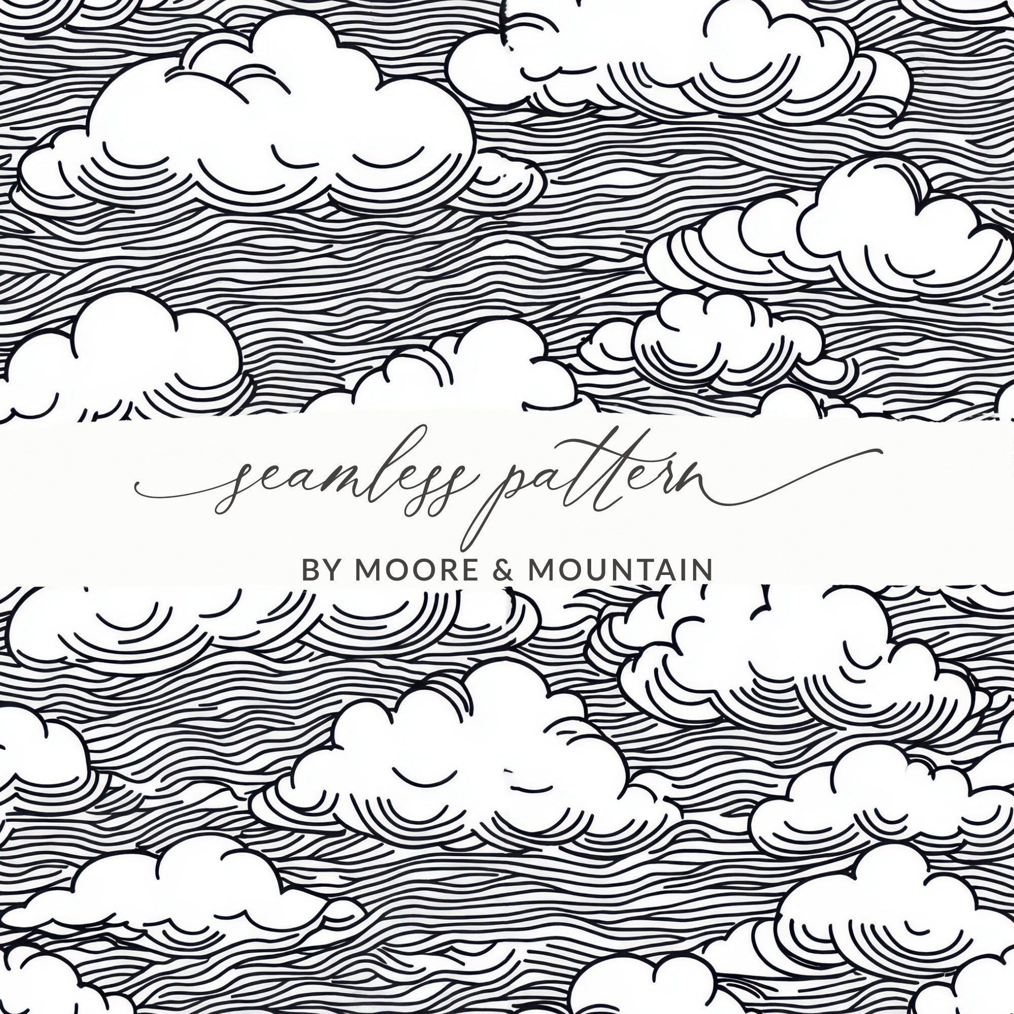 Seamless Cloud Pattern Fabric, Black and White Textile Design, Modern Abstract Waves and Clouds, Nature Inspired Print, Artistic Home Decor