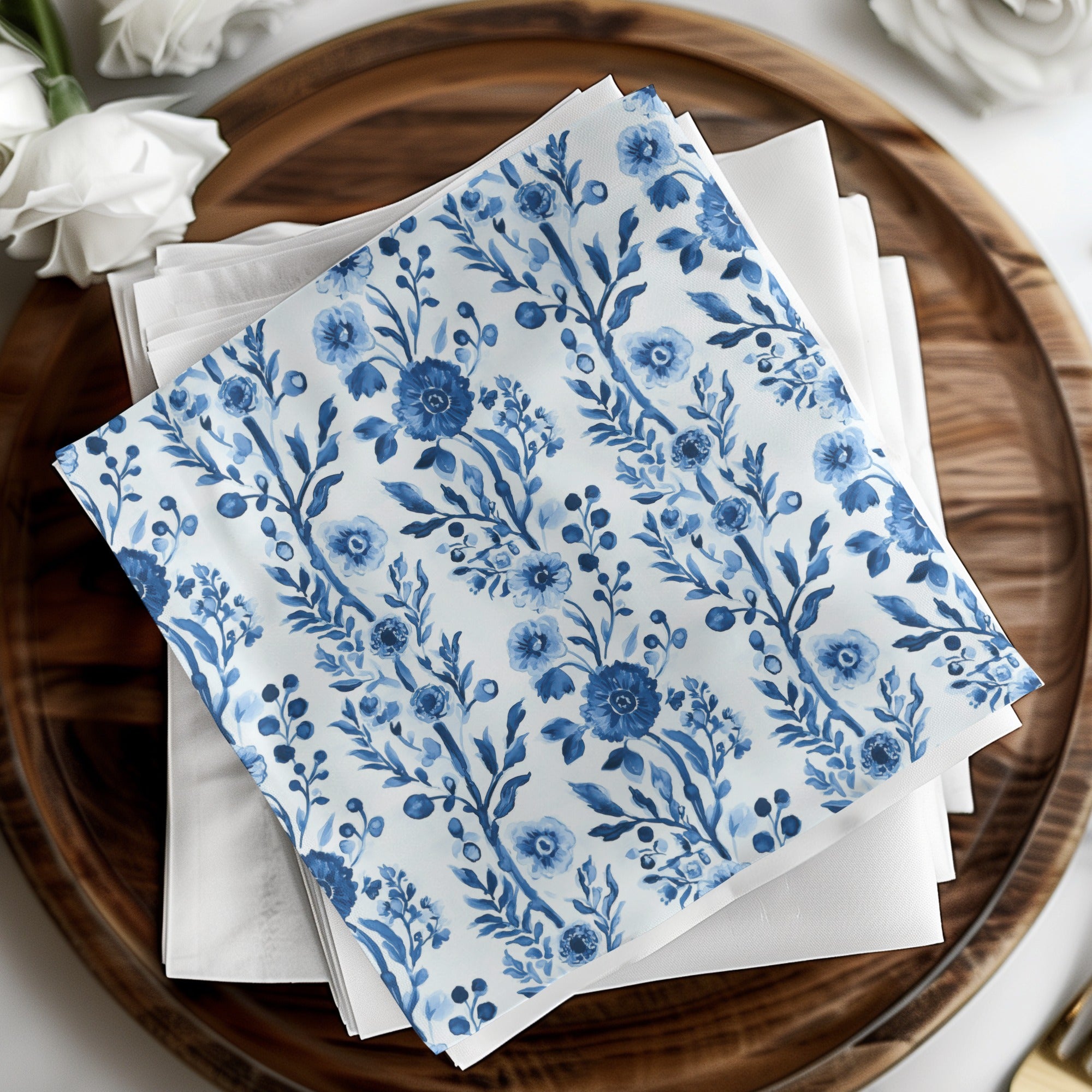 Blue Floral Napkins Set for Dining, Elegant Cotton Table Linens, Vintage Inspired Botanical Print, Perfect for Home and Events
