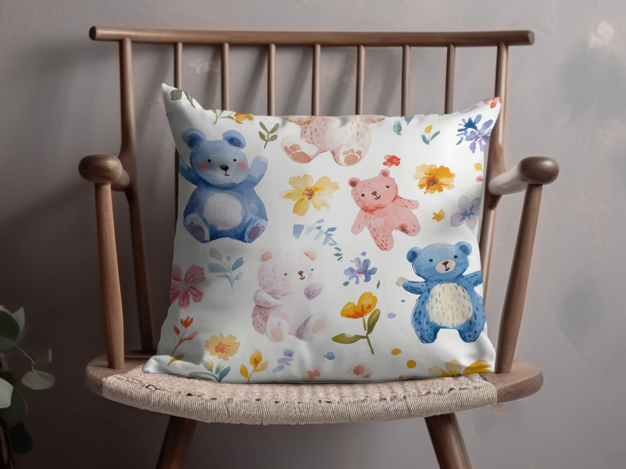 Colorful Watercolor Teddy Bear Pillow, Nursery Decorative Cushion, Floral Kids Room Throw Pillow, Cute Animal Home Decor Gift Idea