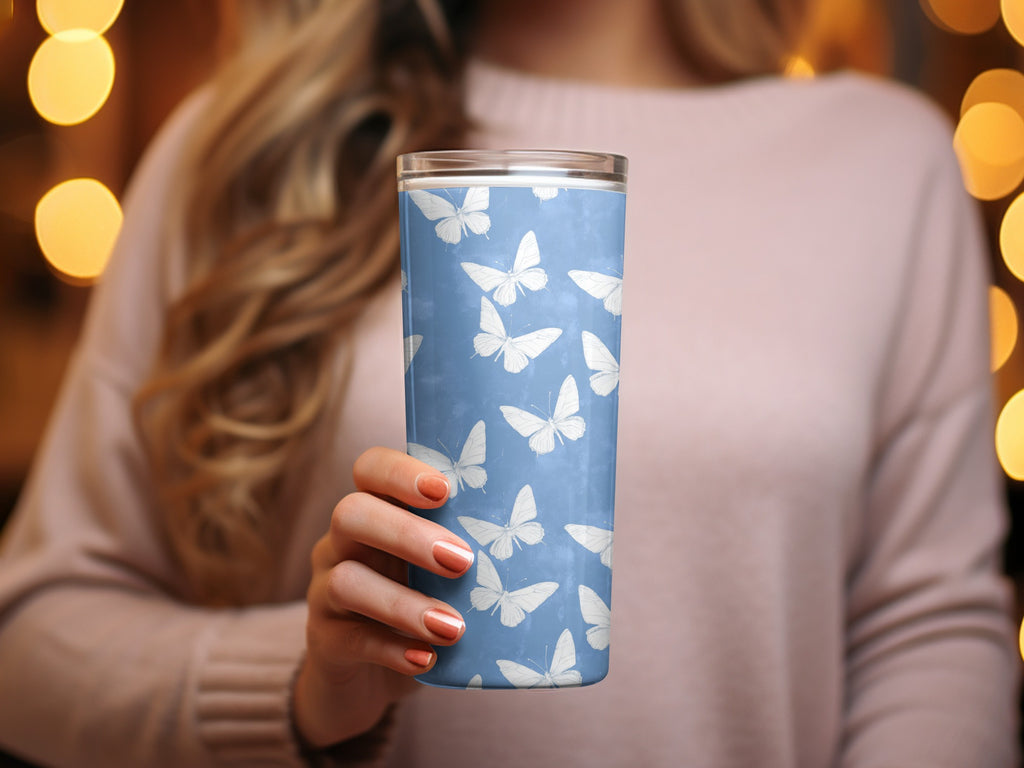 Butterfly Print Tumbler, Insulated Travel Cup, Stainless Steel Mug, Blue and White, Gift for Nature Lovers, Lightweight Durable Drinkware