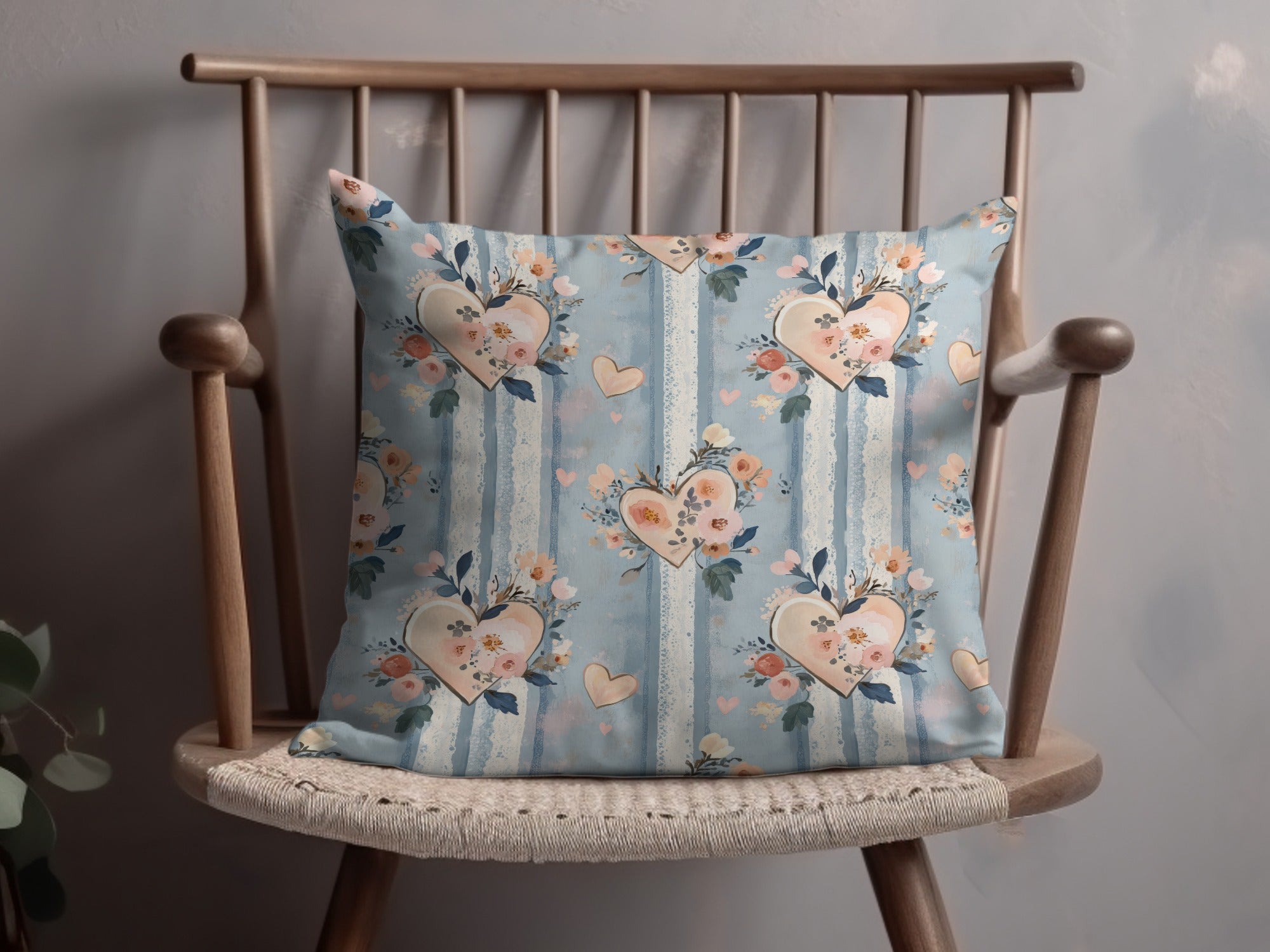 Floral Heart Throw Pillow, Blue Striped Decorative Cushion, Vintage Style Shabby Chic Design, Home Decor Accessory