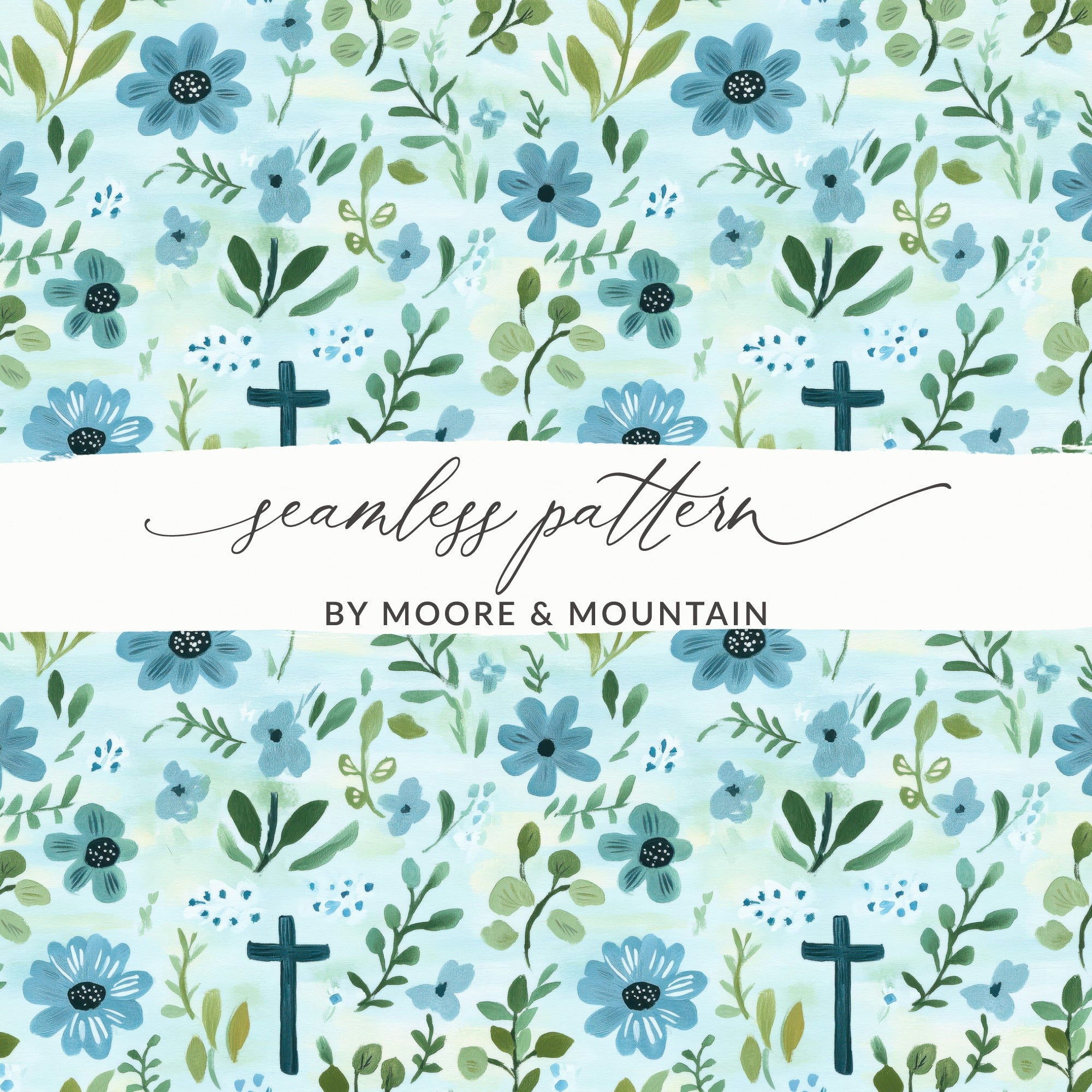 Floral Seamless Pattern, Blue and Green Flowers, Decorative Background, Wallpaper Design, Fabric Print, Nature Inspired, Digital Download