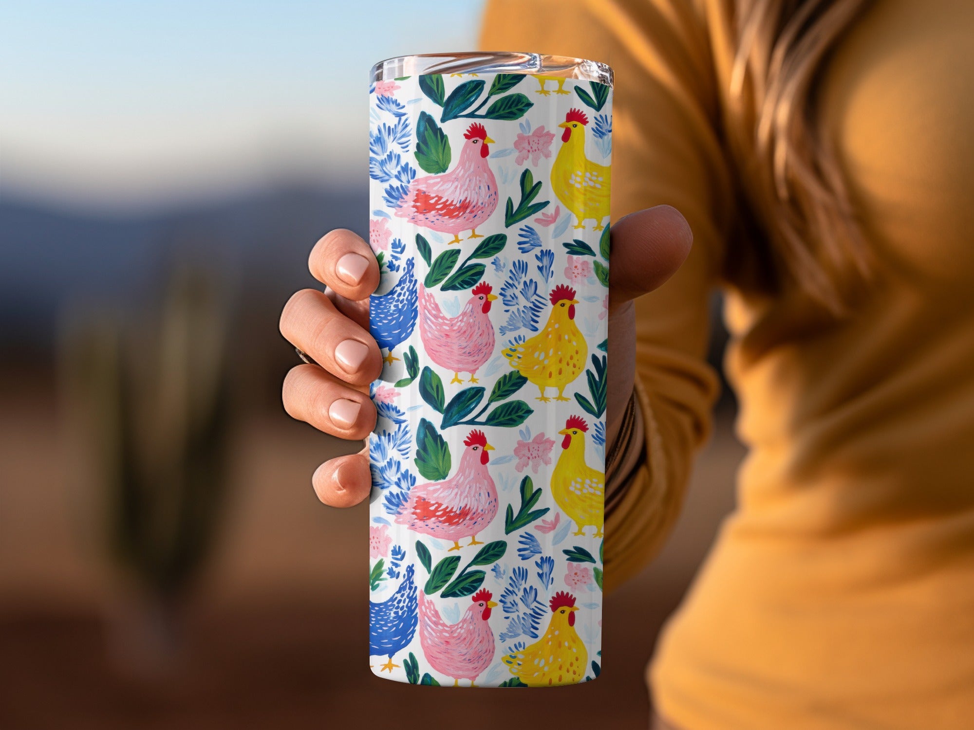Colorful Chicken and Floral Pattern Tumbler, Insulated Travel Mug, Farmhouse Style Drinkware, Gift for Bird Lovers