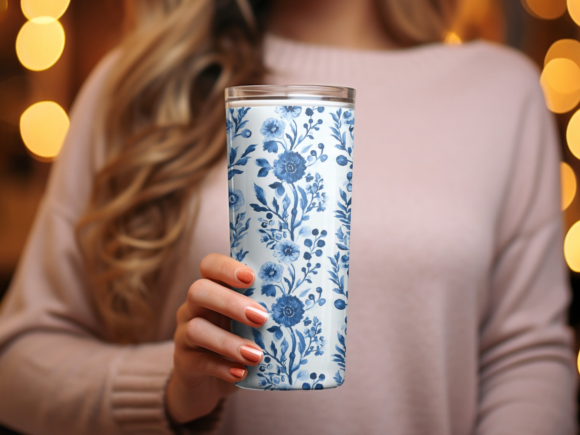Floral Tumbler, Blue and White Flower Travel Mug, Elegant Insulated Coffee Cup, Unique Drinkware Gifts for Her, Stylish Thermal Beverage