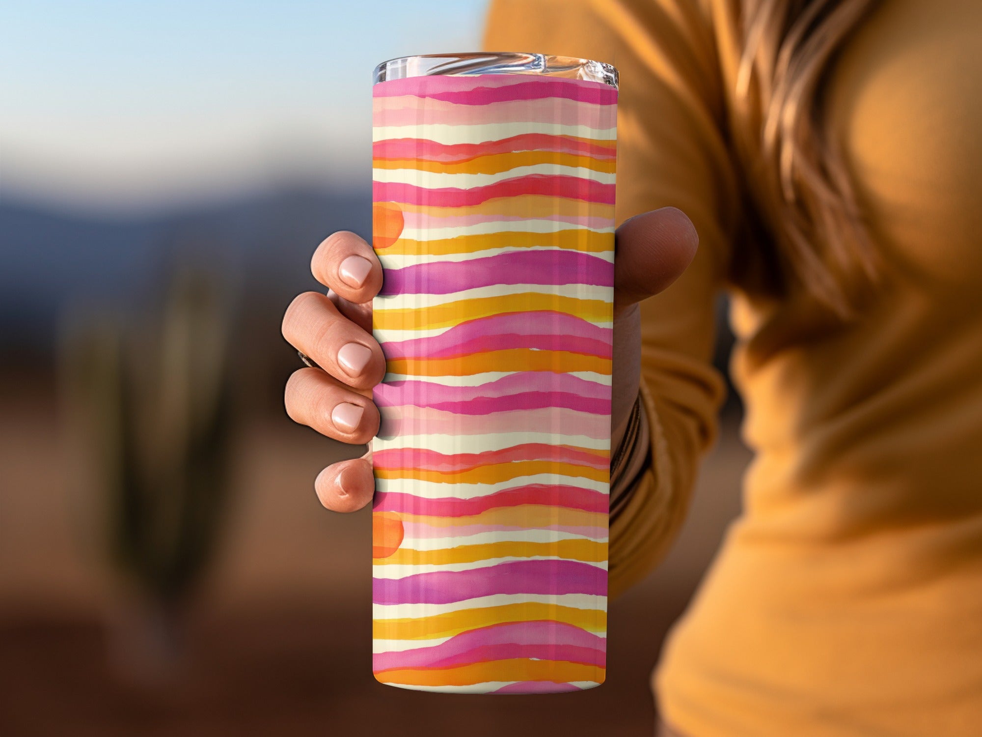Colorful Striped Tumbler, Bright Summer Travel Mug, Insulated Drinkware, Pink Yellow Orange Gift, Stainless Steel Vacuum Flask for Hot and