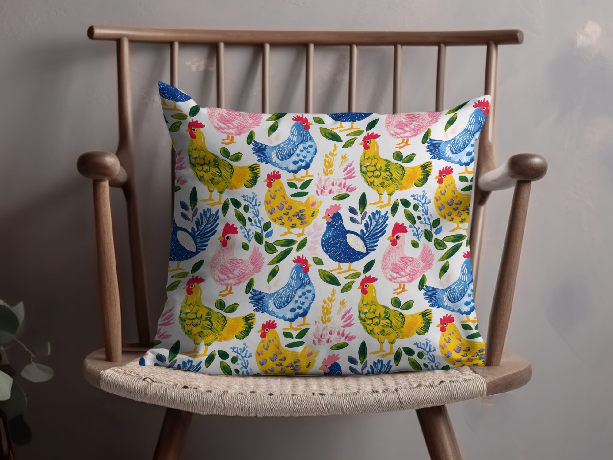 Colorful Chicken and Floral Pattern Throw Pillow, Farmhouse Decorative Cushion, Bright Country Home Decor, Unique Living Room Accessory