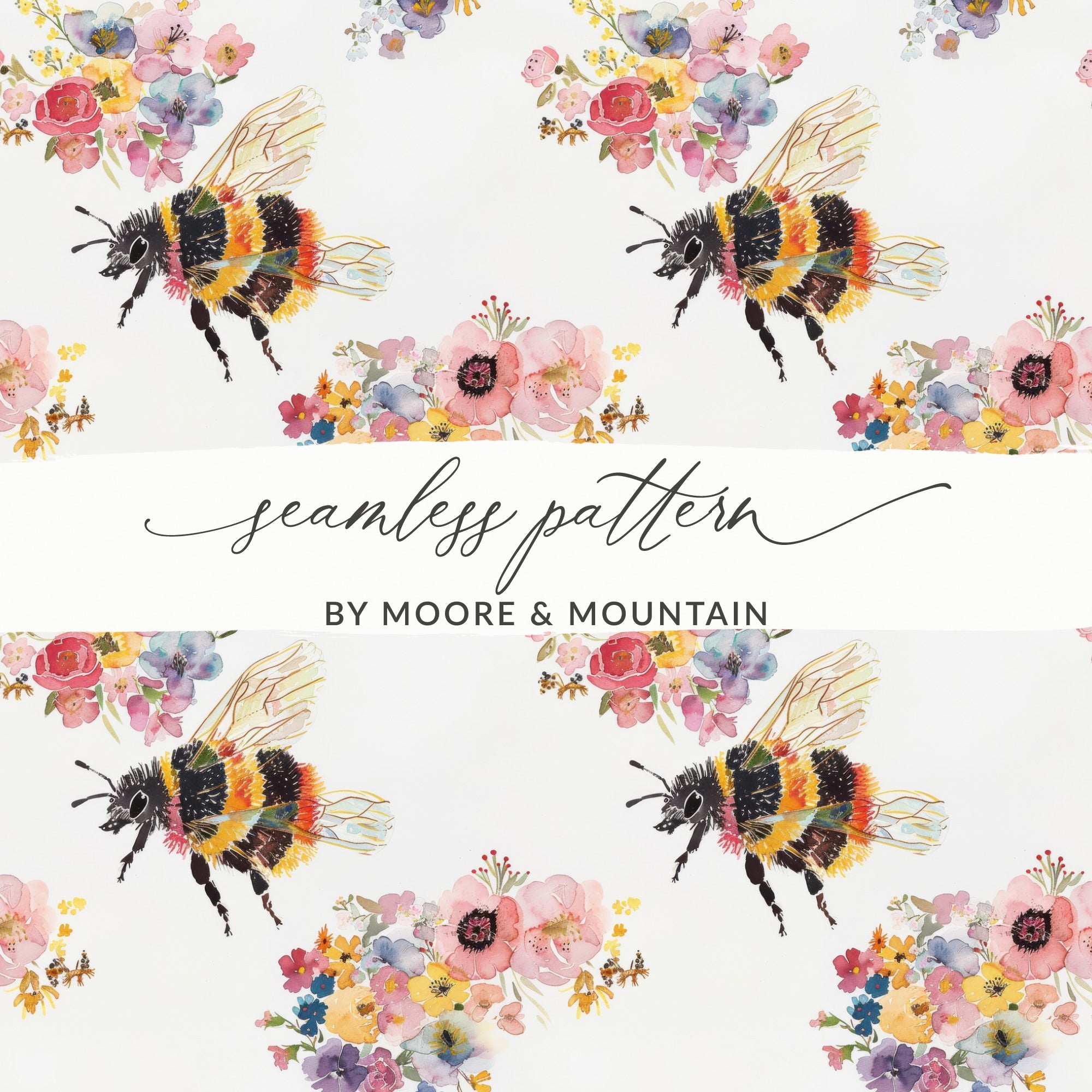 Floral Bee Seamless Pattern Wallpaper, Bumblebee and Blooms Watercolor Art, Spring Garden Nature Illustrations, DIY Home Decor Craft