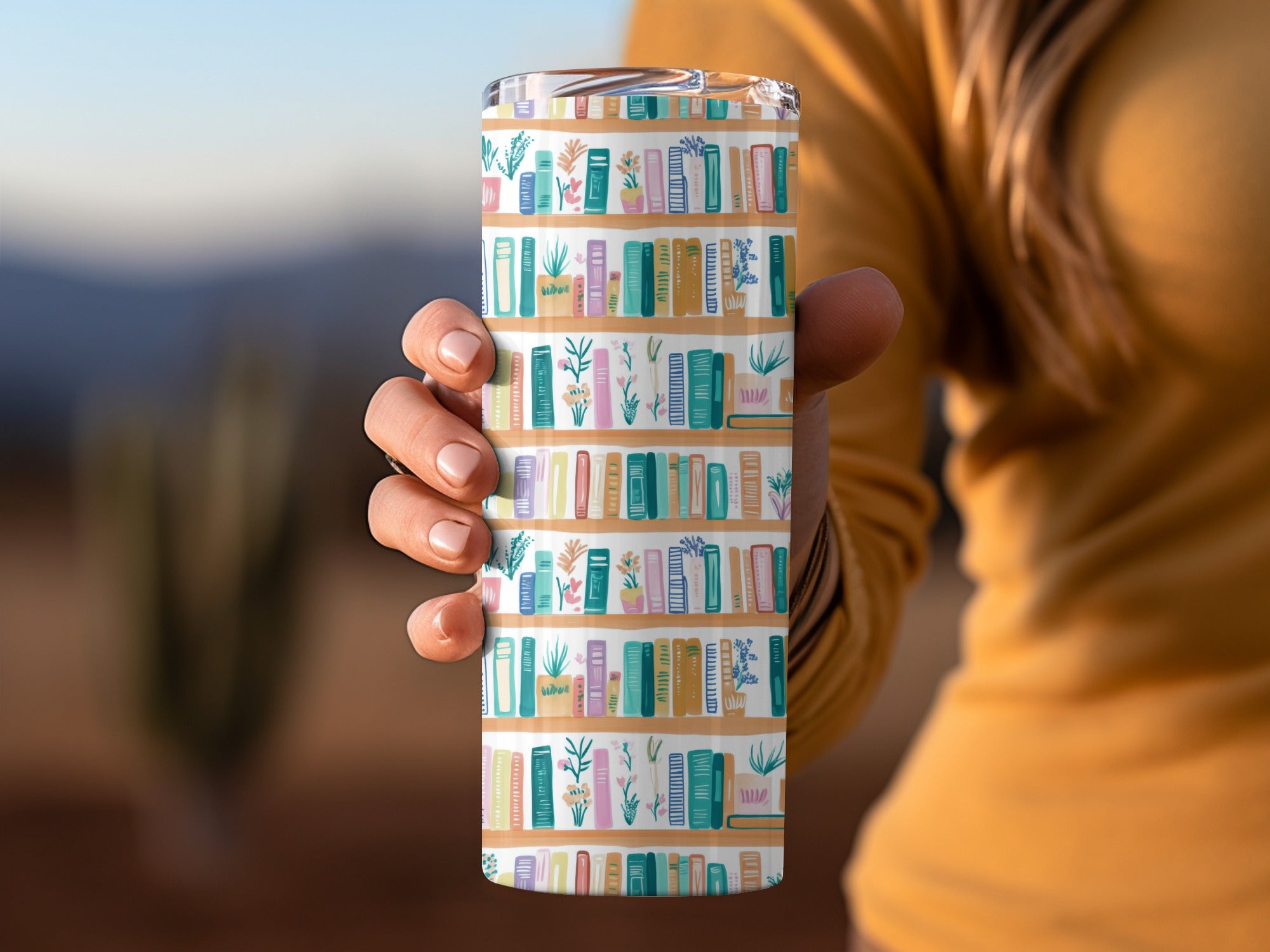 Colorful Bookshelf Tumbler, Reading Lover Gift, Stainless Steel Travel Mug, Insulated Beverage Holder, Books and Plants Print