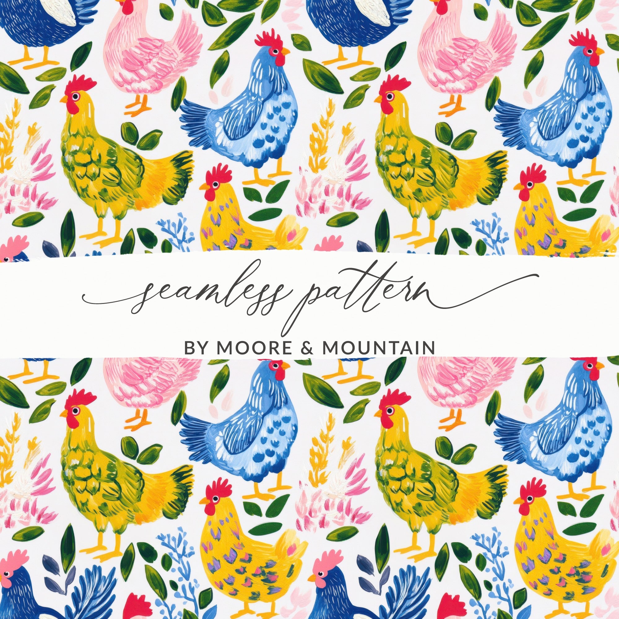 Colorful Farmhouse Chicken Pattern, Country Kitchen Wallpaper, Seamless Floral Hen Design, Rustic Home Decor, Cottagecore Aesthetic Art